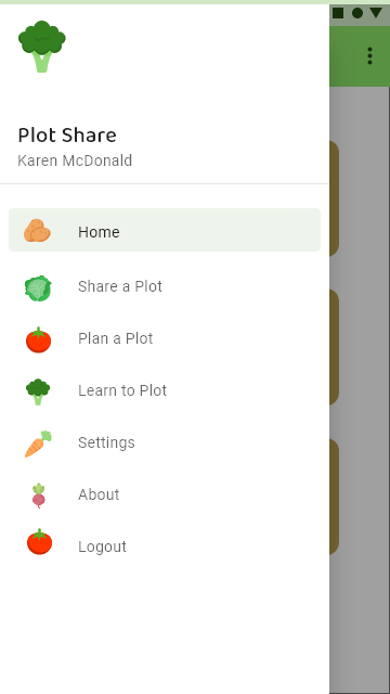 Image of Menu Including User info, Home, Share a Plot, Plan a Plot, Learn to Plot, Settings, About, and Logout options