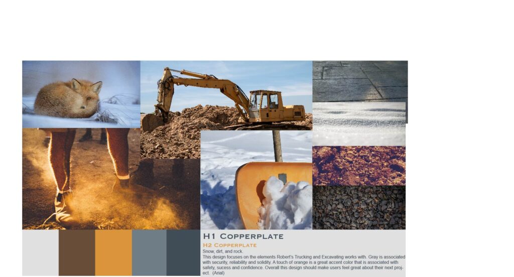 Robert's Trucking Moodboard - Includes imagery of construction equiptment, working boots, color swatches and font examples. 