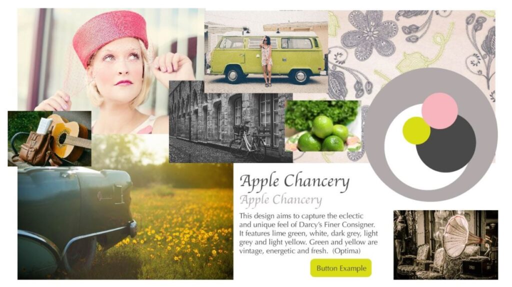Moodboard - Imagery for a vintage shop, including VW bus, old car, guitar, antique bike and a woman in a pink hat.  Includes circles of color and font examples