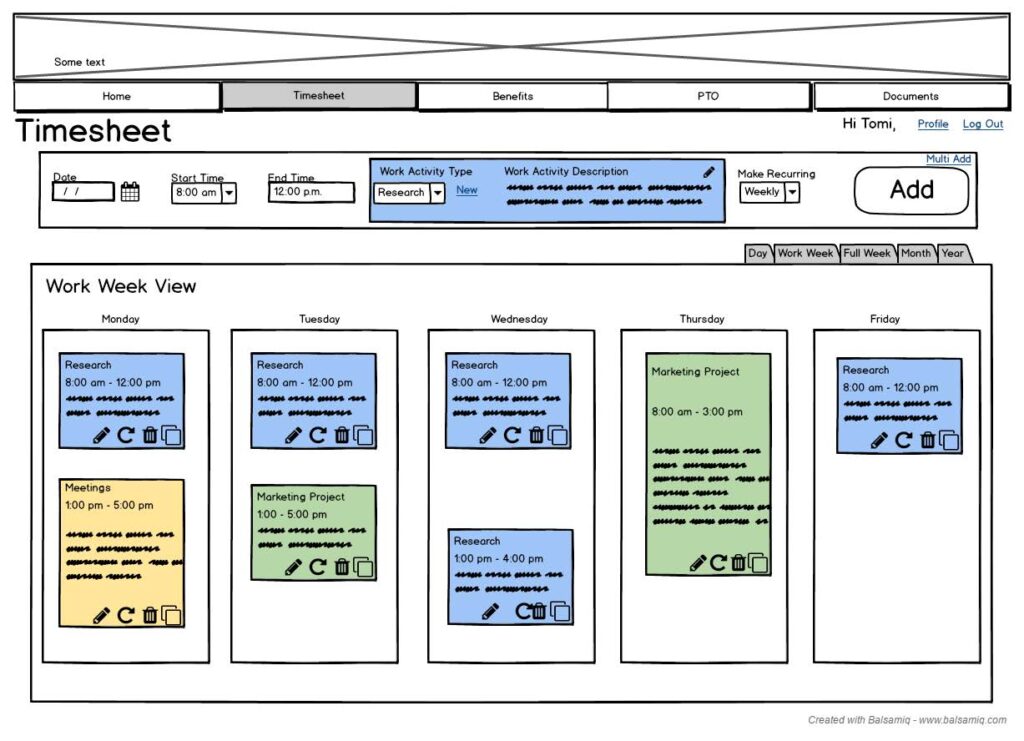 Timesheet app example in Balsamiq